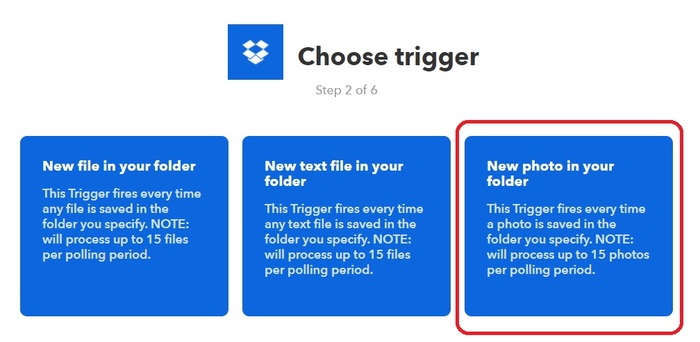 IFTTT trigger selection showing 'New photo in your folder' option highlighted