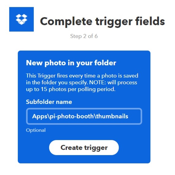 Dropbox folder path configuration showing Apps subfolder with thumbnails directory