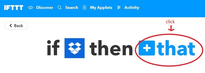 IFTTT action selection interface with 'Then that' button to specify Instagram posting action