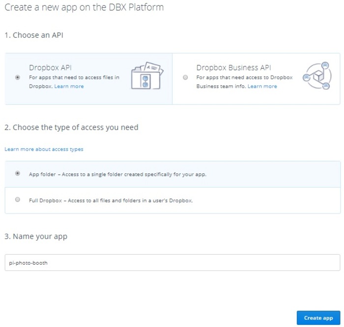 The Dropbox 'Create app' form